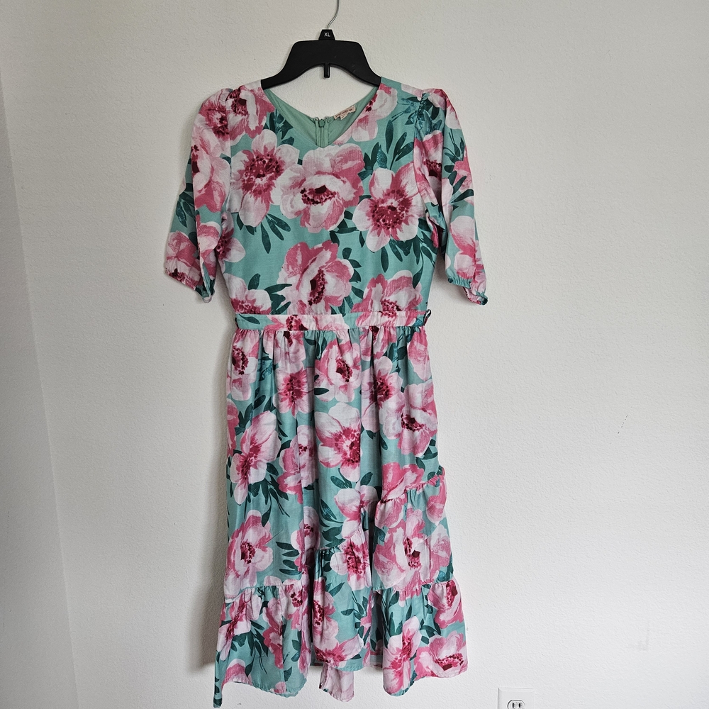 Ivy City Co Girls Aqua Green And Pink Floral Midi Dress Size 13/14